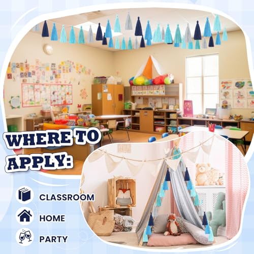 Image of WILLBOND 4 Pcs Rainbow Tassel Garland Party Decorations, Colorful Boho Wall Hanging Banner for Classroom Decor, Back to School Birthday Wedding Baby Shower Nursery Home(Blue Gray,6.3 Inch)
