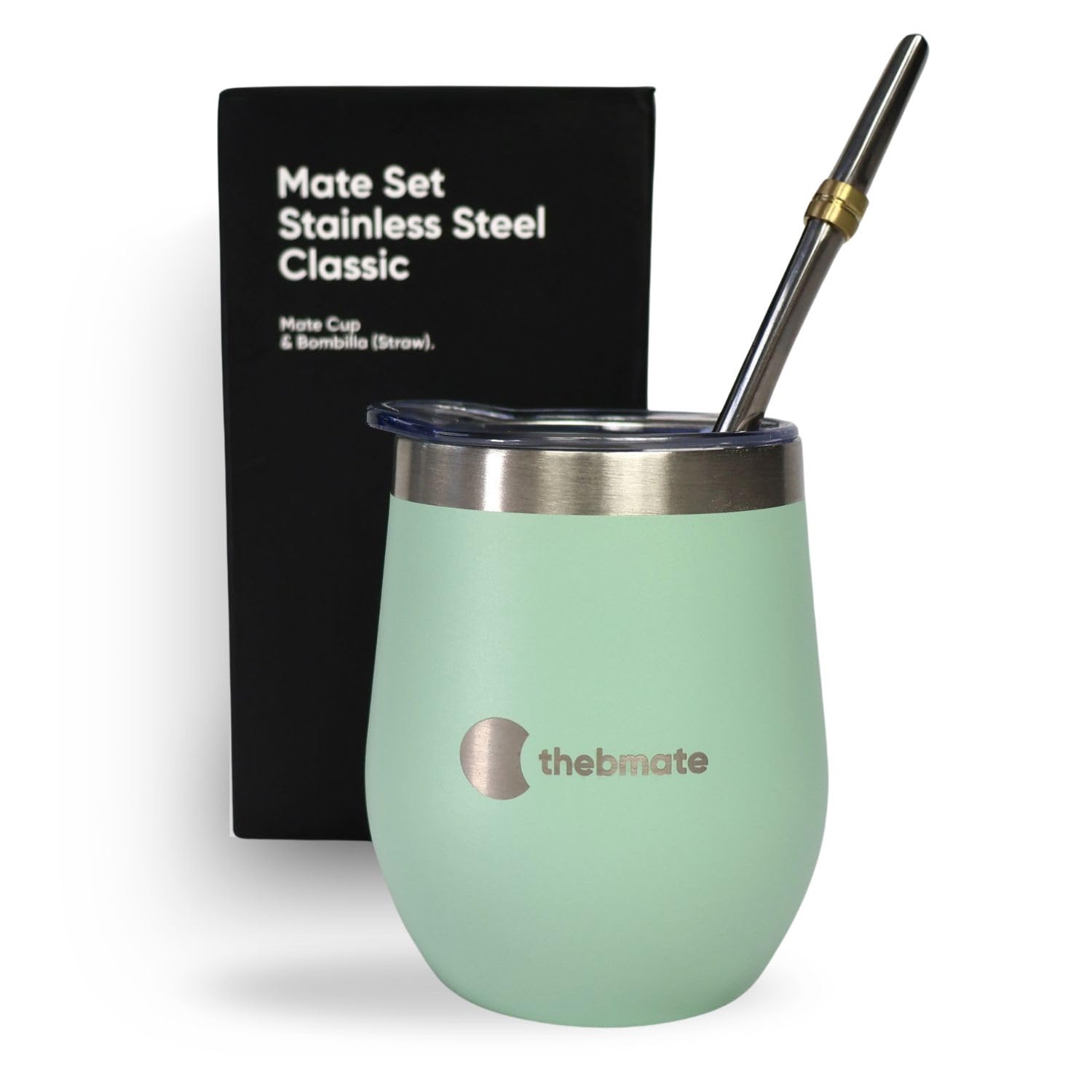 Classic Yerba Mate Set – Double Walled Stainless Steel Mate Cup – Mate Gourd with Spill Resistant Lid, Bombilla Straw and Cleaning Brush (8 oz) (Green Mint)