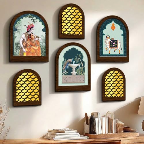 Image of Jharokha MDF Mirrors Home Decoration Items | Traditional Wall Decor Items for Living Room | Mirror Wall Hanging | Home Decor Items for Bedroom Office Set of 6 (9x12 inch & 7.5x9.5 inch)
