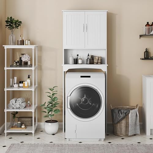 Yaheetech Over The Toilet Cabinet, Double Door Bathroom Storage Organizer, Toilet Rack with Inner Adjustable Shelf and Open Storage Shelf, White - Image 5