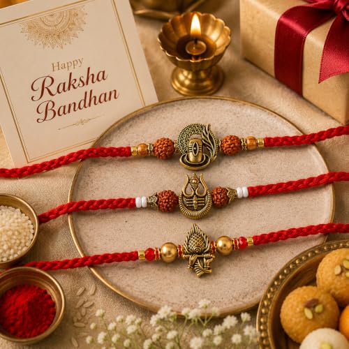 Image of Premium Set of 3 Rakhi for Brother with Greeting Card | Raksha Bandhan Trishul Design Rakhee Thread | Shivling & Ganesha Rakhi Gift Set for Brother, Bhaiya & Bhabhi | Traditional Designer Rakhi Combo