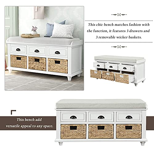 SOFTSEA Wood Entryway Bench with 3 Drawers, 3 Rattan Baskets and Removable Cushion, Shoe Bench End of Bed Bench, Full Assembled, Home Collection (White) - Thumbnail 6