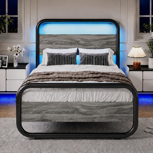Image of Twin Bed Frames, Metal Platform Twin Bed Frame with Wood Headboard, Grey | RBG LED Lights /Heavy Duty Metal Slats Support /12 in Under-Bed Storage /Noise-Free /No Box Spring Needed /Easy Assembly