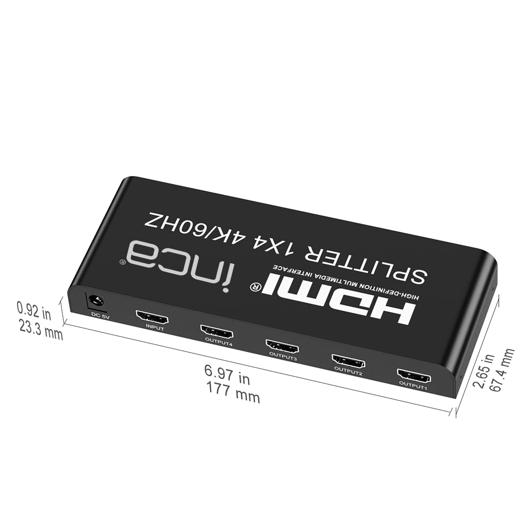 inca IHSK-460, HDMI Splitter, 1 In 4 Out 4K@60Hz, HDMI 2.0, HDCP 2.2, HDR & 3D, 1x4 Splitter, 4 Port für PS5, Xbox, Fire TV, Beamer