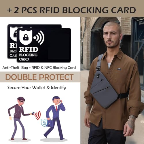 Image of Anti Theft Crossbody Bags for Women Men, Multi-Pocket Shoulder Bag, Slim Sling Bags with 2 RFID Blocking Card (Left Shoulder-Light Gray)