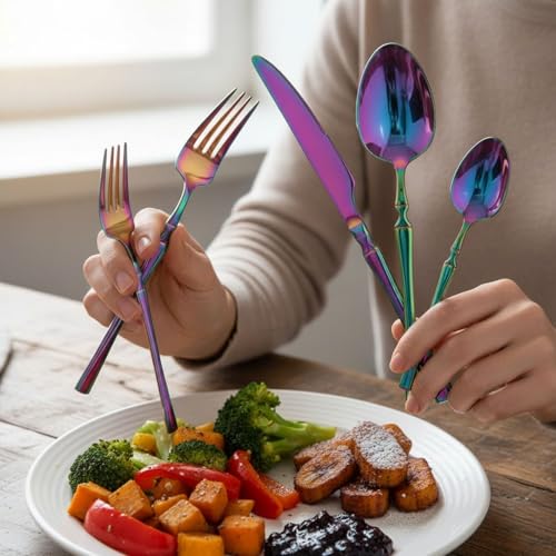 Image of 10 Pcs Rainbow Cutlery Set for Dining Table the Perfect Lightweight Silim Handle Tableware Including Dinner Spoon, Dinner Fork, Dinner Knife, Dessert Spoon & Dessert Fork