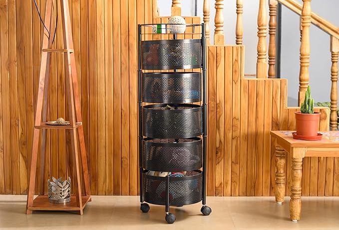 Image of KITCHIVO Kitchen Storage Rack | Revolving Vegetable Rack | Square Multipurpose Storage Trolley with Wheels | Metal Fruit Rack (Black Round, 5 Layer)