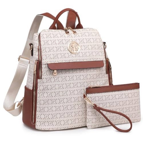 Image of JULIE FERRARO Women's Convertible Backpack Purse Vegan Leather Fashion Backpack Bag Large Capacity Travel Shoulder Bag with Wristlet 2PCS Set