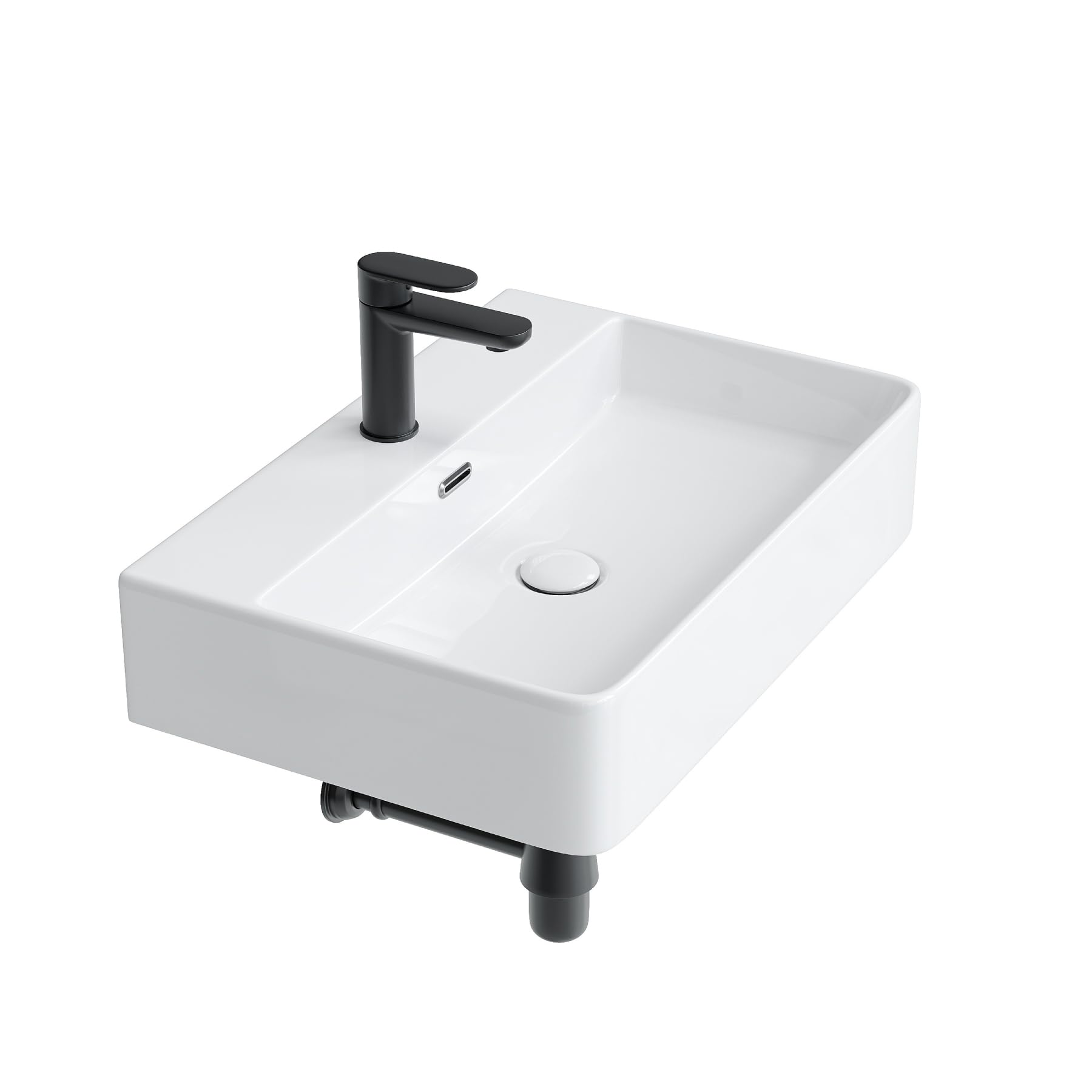 Lavabo de baño de 60 cm de ancho, lavabo superior con orificio para grifo y rebosadero, cuadrado, montado en la pared o en la pared, sin grifo