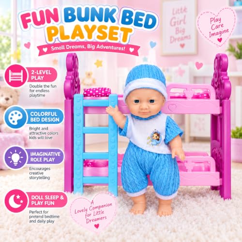 Image of Baby Dolll Bunk Bed Playset for Kids, Lovely Dolll with 2-Level Pink Bunk Bed, Blue Outfit & Cap, Dolll Accessories, Pretend Play Toy Set for Girls & Kids