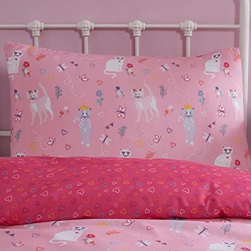 Sleepdown Kids Childrens Playful Cute Kittens Cats Butterflies Blush Pink Hearts Reversible Soft Easy Care Duvet Cover Quilt Bedding Set with Pillowcase - Single (135cm x 200cm)