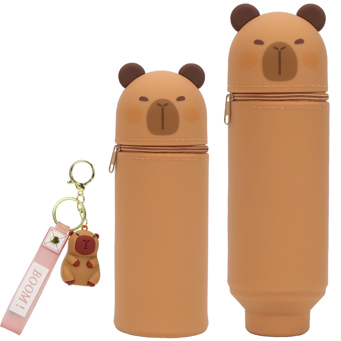 2-in-1 Schulmäppchen aus Weichem Silikon, Kawaii Federmäppchen, Capybara Tischstifthalter mit Schlüsselanhänger, Stand Up Mäppchen, Weiche Silikontasche, Tier Stifthalter für Studenten Reißverschluss