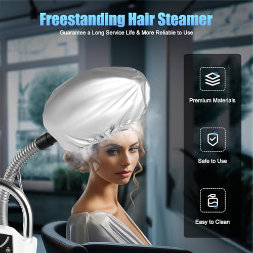 Image of Professional Hair Steamer, 650W Micro-Mist Hair Steamer Hair Treatment Machine 8 Gears Temperature Setting for Salon Hair Deep Care Hair Repair Without Damage(White+Silver)