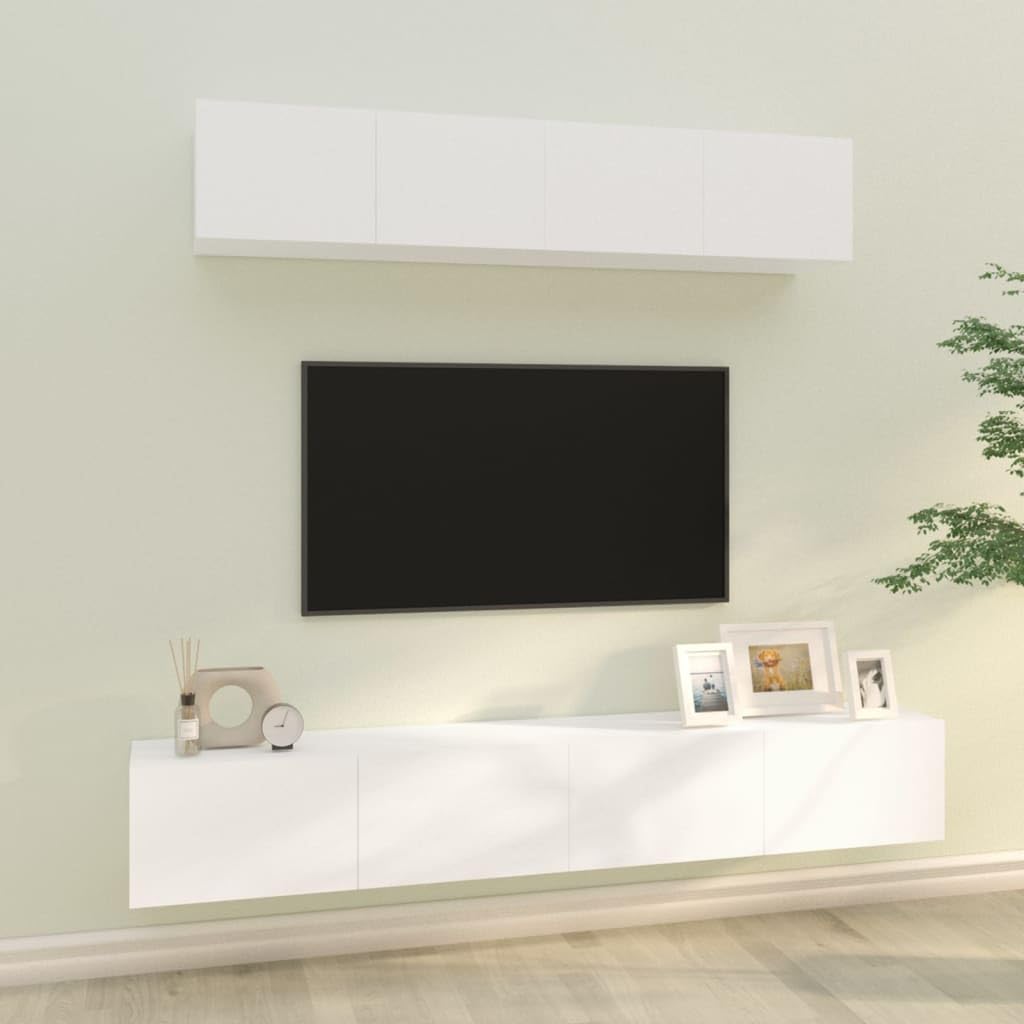 4-TLG. TV-Schrank-Set, Weiß Holzwerkstoff, Wandmontage, Modernes Media-Center für Wohnzimmer und Schlafzimmer, 80/100 cm Breite