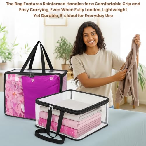 Image of JD FRESH 3 Pcs 27L Transparent Plastic Storage Bags for Clothes with Zipper & Handles /Foldable Saree Covers /PVC Wardrobe Organizer /Multipurpose Storage Bags /Blanket /Bedsheet /Lehenga /Shirts-40x32x22