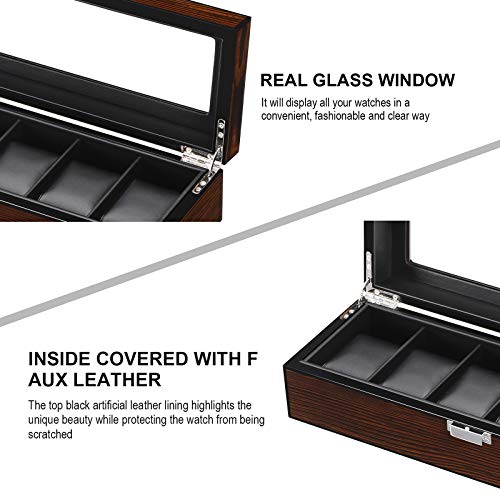 Bewishome Watch Box For Men - Luxury Watch Case, Real Glass Top, Smooth Faux Leather Interior, 6 Slot Watch Organizer,Brown Ssh06Y #TOP4