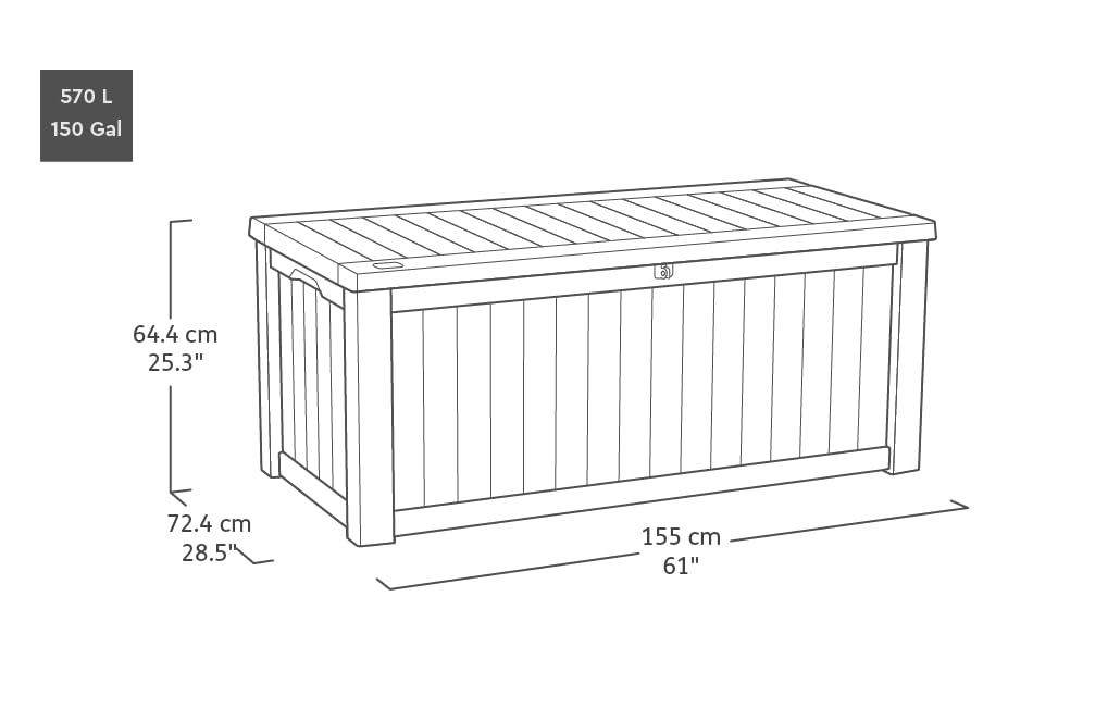 Keter Kissenbox Rockwood, graphit, 570l Fassungsvermögen, Außenmaße: 155 x 72,4 x 64,4 cm, Auflagenbox wasserdicht, für Outdoor geeignet, Keterbox