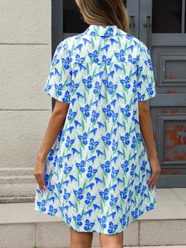 Image of LifeShe Summer Floral Dress Women's Printed Casual Sundress Short Sleeve Button Up Shirt Dresses with Pockets