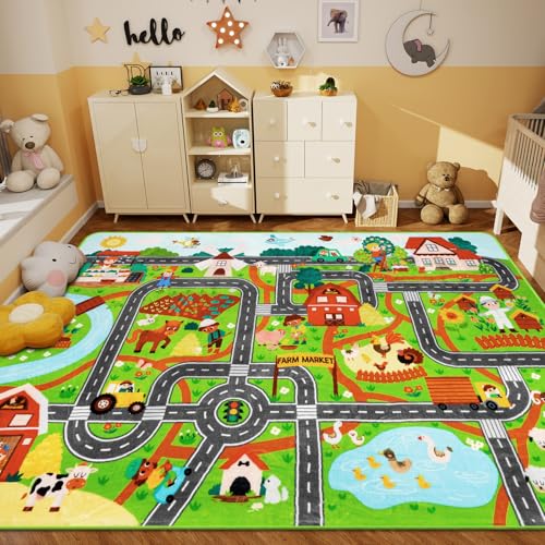 AKUNRUG Tapis de jeu pour enfants pour voitures jouets, 150 x 100 cm, marché à la ferme, circulation routière, pour salle de jeux, voiture, carte de...