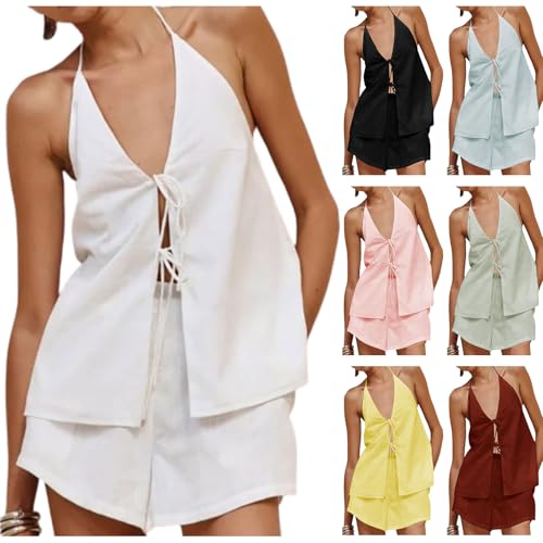 Women's Sexy 2 Piece Outfits Summer Linen Set Backless Halter Neck Tie Front Vest and Shorts Sleeveless Matching Sets4