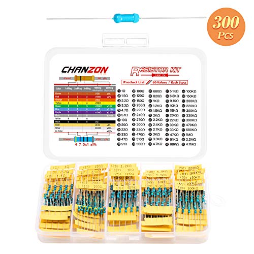 Chanzon 60 Values 1/4W (0.25 Watt) Metal Film Fixed Resistor Kit 300Pcs 1R-4.7Mr Ω Ohm ±1% Tolerance 0.01 Mf Through Hole Resistors Current Limiting Rohs Certificated 1/4 Watt Resisters Assorted #TOP5