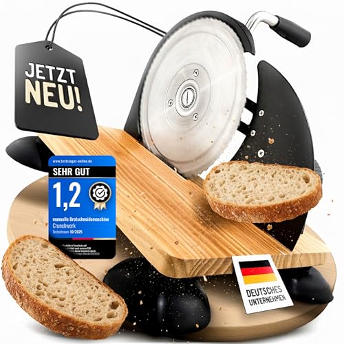 CRUNCHWERK® Brotschneidemaschine manuell – Hochwertiger Edelstahl Allesschneider mit Kurbel & Holzbrett | Präziser Schnitt, Retro-Design, rutschfeste Saugfüße für Brotliebhaber