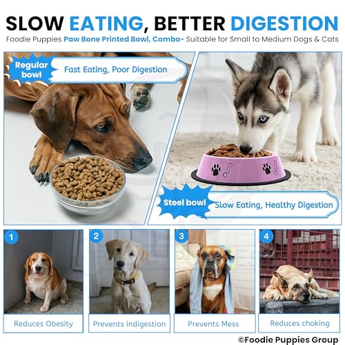 Image of Foodie Puppies Stainless Steel Dog Bowl Combo - (Medium, 700ml) Food and Water Feeding Gift Bowl | Suitable for Dogs, Cats and Other Pets I Paw Bone Print, Anti-Skid Rubber Base (Pink + Sky Blue)