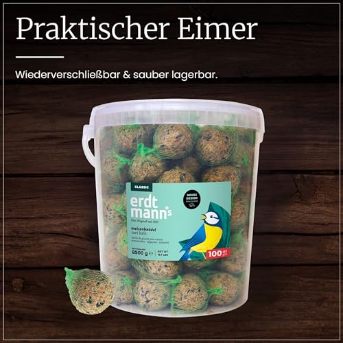 Erdtmanns Meisenknödel mit Netz 100 Stück im Eimer – Wildvogelfutter mit Getreideflocken & Sonnenblumenkernen – für Ganzjahresfütterung – geeignet für Meisen & Co. – wiederverwendbar