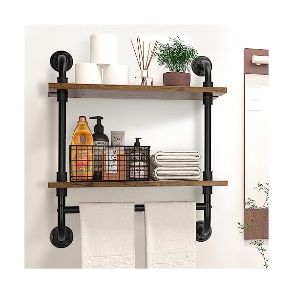 Homaterial Industrial Pipe Shelving Bathroom Shelves Wall Mounted with Towel Bar,23.5in Adjustable Rustic Wood Floating Shelf,2 Tier Farmhouse Towel Rack Metal Wall Shelf for Home&Bathroom