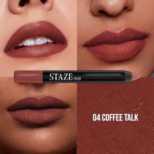 Image of Staze Pout On Transfer proof Lip Crayon | Upto 12 hours long stay | One Swipe High Matte Pigment | Vitamin E & Jojoba Oil | Sharpenable Smudgeproof & Waterproof Lip Crayon | 05 Cocoa Loco | 3.5g