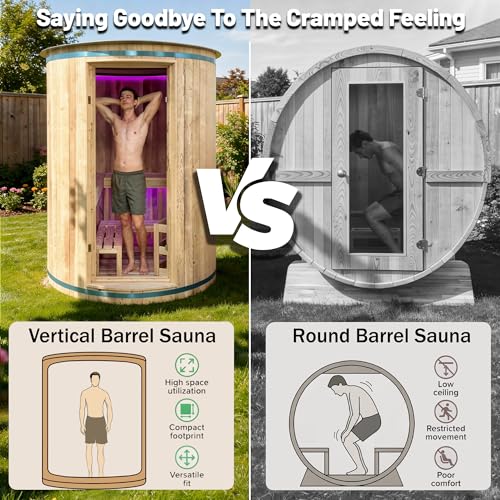 Image of 4 Person Outdoor Vertical Barrel Sauna, Cedar Wood Traditional Sauna | Premium cedar wood construction, 6KW Harvia electric heater, backyard-ready design for garden and home outdoor relaxation