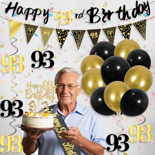 Image of 93rd Birthday Decorations for Men, Black Gold 93rd Party Decorations | 27pcs Happy 93th Birthdays Set: Banner, Honeycomb, Balloons, Gold Number, Candle, Hanging Swirls, Cake Topper, Party Supplies