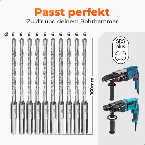 BAUBECK SDS Plus Bohrer 6mm für Beton [10er Set - 160mm lang] - Langlebig und Robust aus 40CR Stahl für präzise Ergebnisse - Bohrer Set Beton SDS Bohrer Stein Betonbohrer