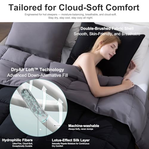 Image of KASENTEX Queen Comforter Set, Reversible,Goose Down Alternative,All Season | 250 GSM Fill, Ultra-Soft, Lightweight, Machine Washable, 1 Comforter + 2 Pillow Shams, Jet Black /Tornado
