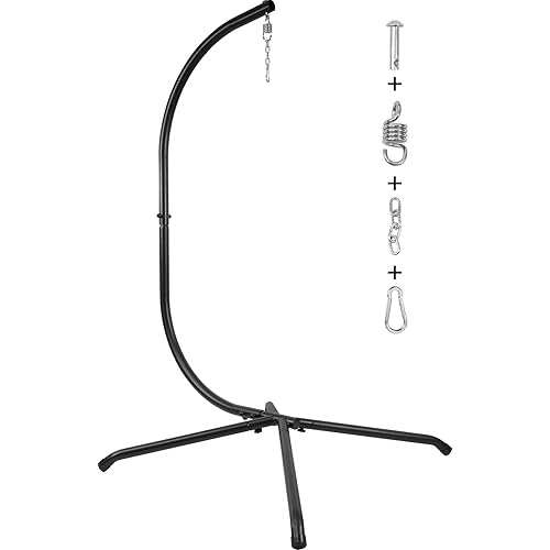 Elevon Hammock Chair Stand Only, Hanging Hammock Swing Stand for Outside with Buckle and Spring Hook, 400lb Capacity Heavy Duty Steel C-Stand with Stable Base for Egg Chair Outdoor Indoor (Black)