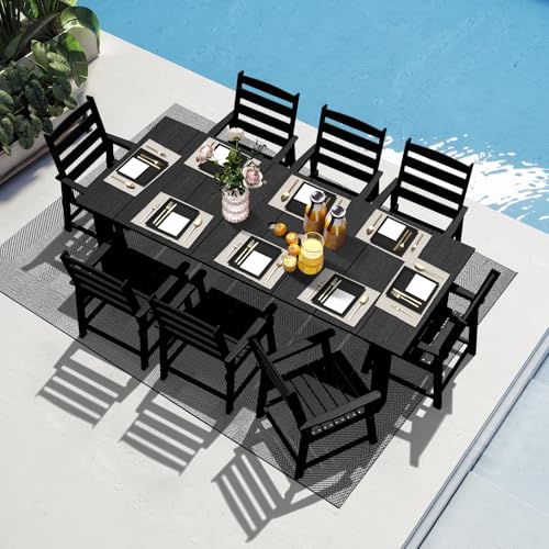LOUNZY 9 Pieces Patio Dining Sets, Outdoor HDPE Furniture Set for 8 w/ 2" Hole Cut-Out Dining Table with 8 Patio Chairs for Pool, Lawn and Garden,Black 9 Dining Sets Black