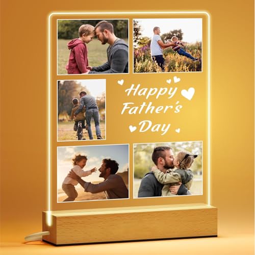 PB TECH Personalised LED Acrylic Photo Plaque for Dad Custom Fathers Day Night Light Gift with Photos & Text Wooden Base Plaque Birthday Christmas Gift for Dad from Daughter Son (Design 4)