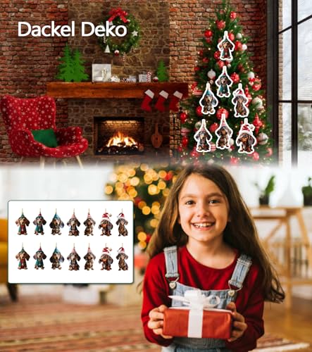 T TAKONE 14 Stück Dackel Dekoration, 2D Acryl Flachdackel Anhänger, perfekt als Christbaumschmuck und Weihnachtsdekoration für das Auto