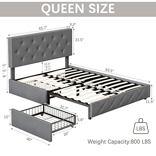 Fluest Queen Bed Frame With Headboard Storage Drawers Of 4 Upholstered Bed Frame Platform Adjustable Headboard Wooden Slats Support/No Box Spring Needed/Easy Assembly/Mattress Foundation, Grey #TOP2