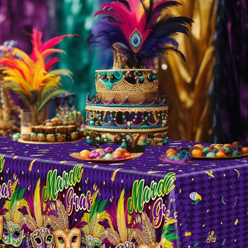 Image of 3 Pcs Mardi Gras Decorations, 54 X 108 Inches Rectangular Mardi Gras Tablecloth, Plastic Purple Table Cover With Masquerade Mask Design, Fat Tuesday Tablecover For Masquerade Party Picnic Dinner Decor