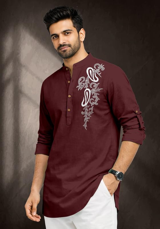 Image of Cotton Blend Self Design Printed Casual Short Kurta for Men Long Sleeve Mandarin Collar Stylish Kurta Shirt for Men