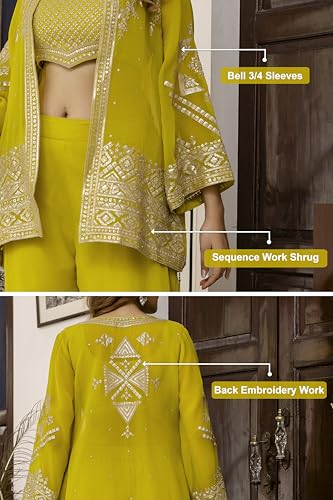 Image of TRENDMALLS Women's Georgette Embroidery Sequence Work Crop Top with Flared Palazzo and Shrug Set Ethnic Salwar Set