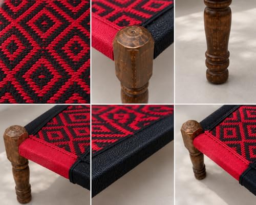 Image of Handwoven Wooden Bench | Traditional Rope Charpai Stool | Solid Wood Frame Seating for Living Room, Balcony & Outdoor | Durable & Stylish Design (Black & Red Finish)