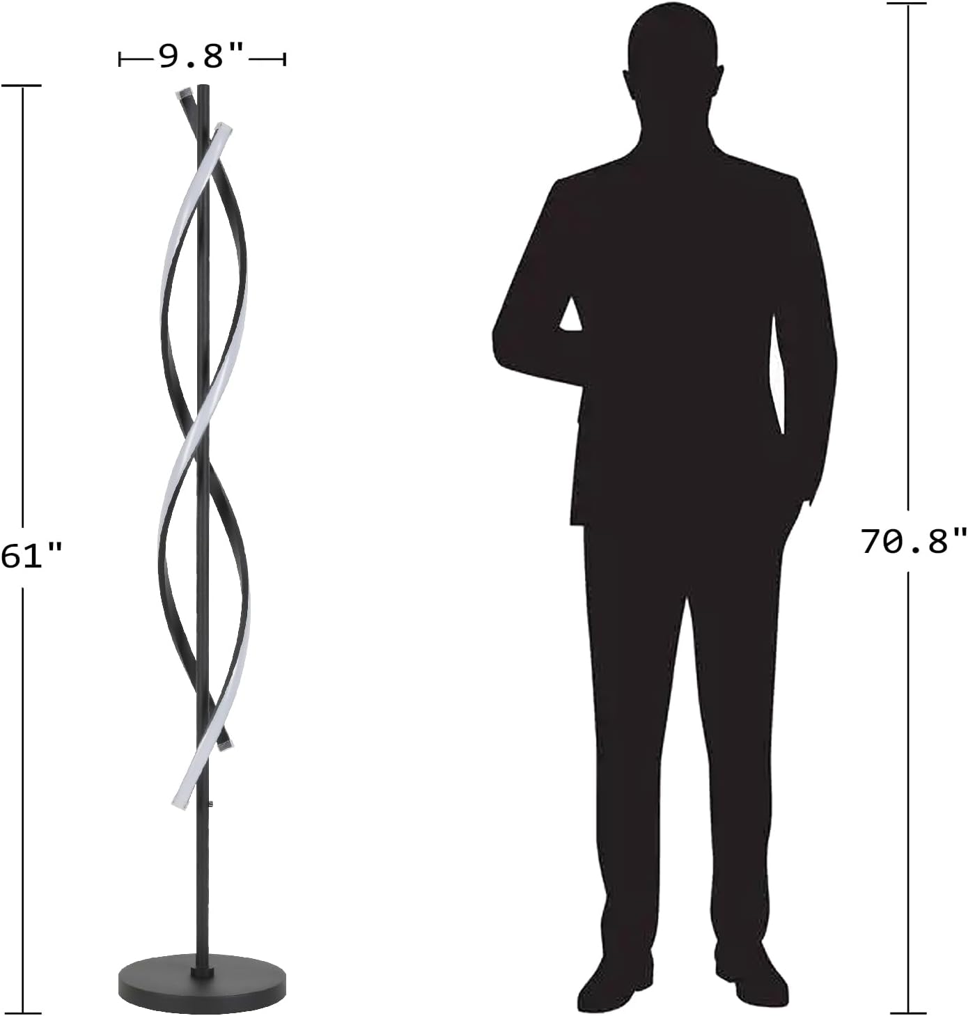 61" LED Floor Lamp for Living Room, 40W 3 Colors Stepless Dimmable and Color-Changing Bright Floor Standing Lamp,Unique Spiral Floor Tall Lamp for Bedroom Office with Remote (Black)