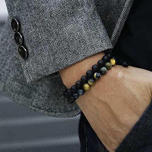 Haskare Tiger Eye Bracelet Mens Womens Natural Stones Lava Tiger Eye Beads Bracelet Adjustable 7.5"-11", Couples #TOP2