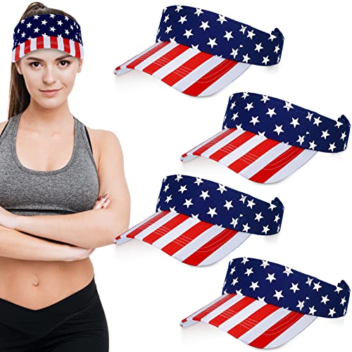 4 Pieces American Usa Flag Visor Patriotic Visor Star Stripe Sun Visor Hat Adjustable Printed Twill Sun Protection Hat For Men Women #TOP7