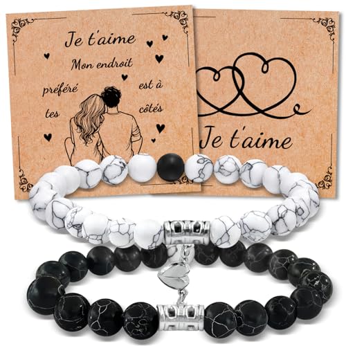 Luckeey Cadeau Couple, 2PCS Bracelet Couple, Cadeau Mariage Magnetique Bracelet Connecté Couple mit Noir et Blanc Classique pour Anniversaire CadeauPaques