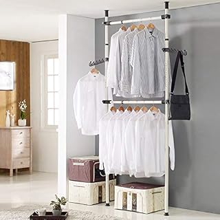 Youyijia Telescopic Clothes Rail Heavy Duty Clothing Rack for Bedroom Adjustable Height 270-320cm Width 80-120cm Wardrobe Organizer Coat Hanger Garment Rack Hanging Rail for Clothes 2 Poles 2 Bars