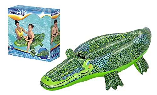 BESTWAY - Bouée Crocodile - Gonflable - 41477 - Gris - Vinyle - 153 cm x 71 cm - Jouet Enfant Adulte - Jeu de Plein Air - Piscine - Chevauchable - Poignet -...