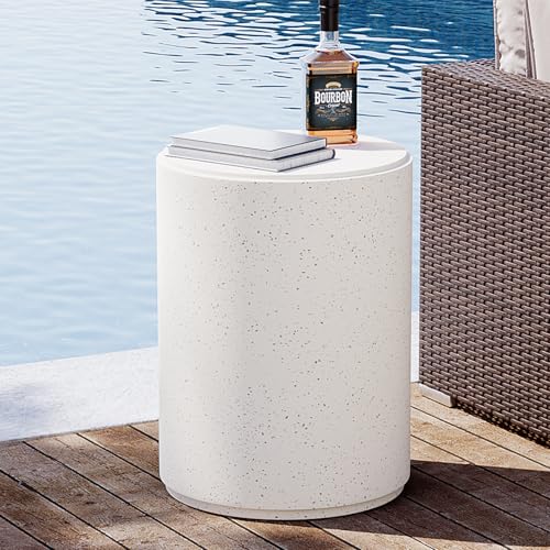 SUNBURY Outdoor Concrete Side Table 20 H Outdoor End Tables Cement Accent Table for Patio Round Modern Garden Small Garden Stool for Patio Backyard Spotted White